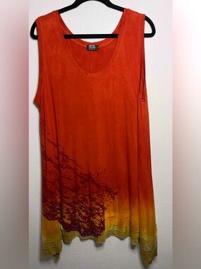 Art of Cloth Women's Size 1X Multicolor SunSet Rayon Blend Sleeveless Midi Dress